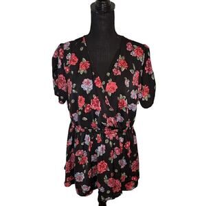 Torrid Plus Size Black & Red Rose Faux Wrap Blouse – Romantic Floral Top